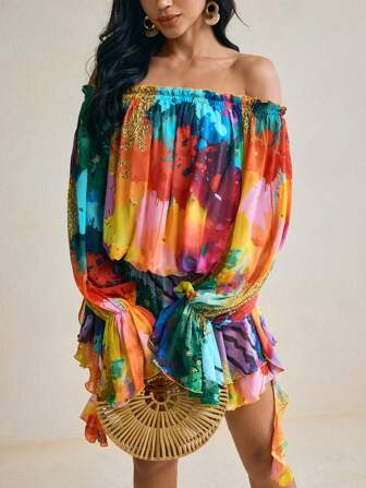 SHAQUITA GARCIA Multicolor Summer Tie-Dye Print Chiffon Off-Shoulder Stretch Puff Sleeves Long Sleeve Mini Dress For Holiday Beachwear, Boho Vacation Dress