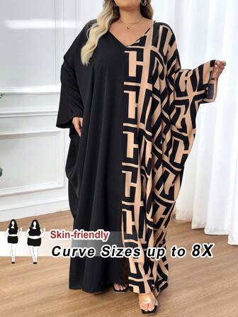 SHEIN CURVE+ Plus Size V-ringad Långärmad Enfärgad Patchwork Lös Fritidsklänning Robe Halloween Kläder Halloween Kläder