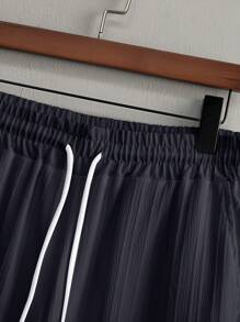 Manfinity Homme Set de 2 piezas para hombre con camisa de manga corta de unicolor con textura y pantalones rectos de cintura con cordón, ropa informal para hombres, ropa de verano para hombres