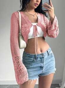 Flirla Cardigan Pendek Wanita Warna Polos dengan Lubang dan Tali di Bagian Depan, Cocok untuk Liburan Musim Gugur dan Musim Dingin. - Berwarna merah muda - View 5