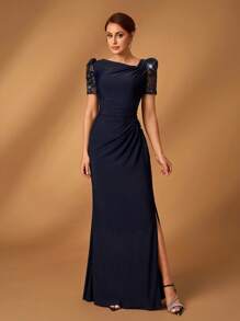 Serin Vestido de noche elegante y hermoso de color azul marino oscuro con mangas cortas, bordado floral con cuentas, tejido elástico plisado con abertura baja en la Bottom tipo cola de pez, adecuado para cena, despedida de soltera, cita, festival de música, baile, vacaciones, boda, evento, novia, madre, Día de San Valentín - Azul Marino - Ver 3