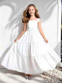 SHEIN Explorewe Tween Girl Layered Ruffle Trim Cap Sleeve Dress - White - View 1