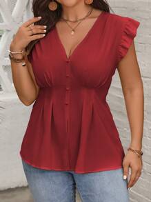 SHEIN Clasi Plus Size Women Summer Solid Color V-Neck Cap Sleeve Pleated Blouse Peplum Top - Red - View 3