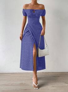 Breezaya Polka Dot Tie Front Off Shoulder Split Thigh Dress Maxi Women Outfit