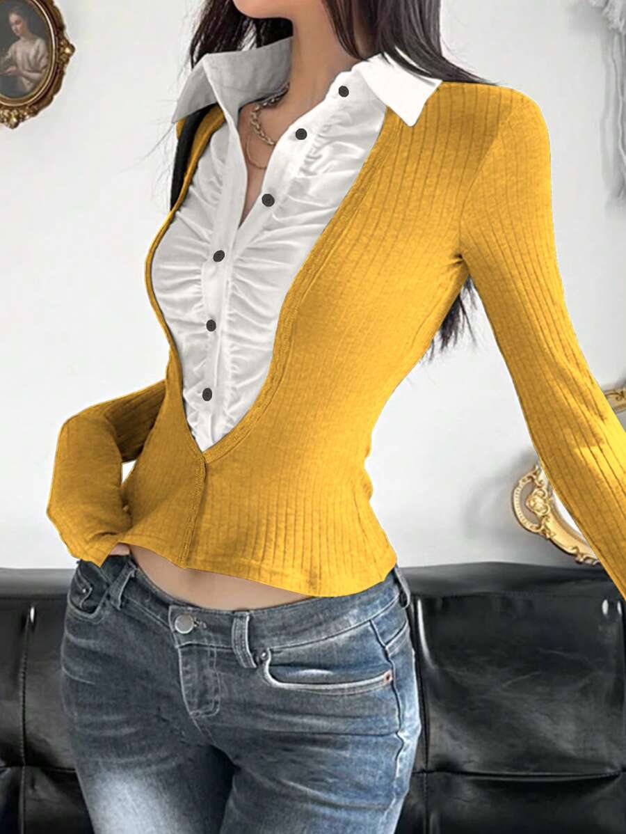 Koszulka polo z kołnierzykiem w kontrastowym kolorze, z marszczeniami i długim rękawem 2 w 1