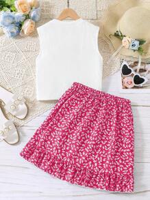 Teen Girl Solid Color Sleeveless Tank Top And Ditsy Floral Mini Skirt 2 Pieces Set