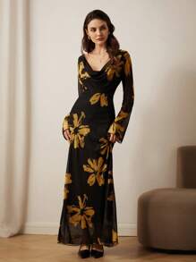 SHEIN Unity 法式浪漫秋季复古垂领弹力轮廓印花网眼长裙，随机花卉印花长袖连衣裙情人节春夏女士连衣裙女士优雅 - 黃色 - 查看 7