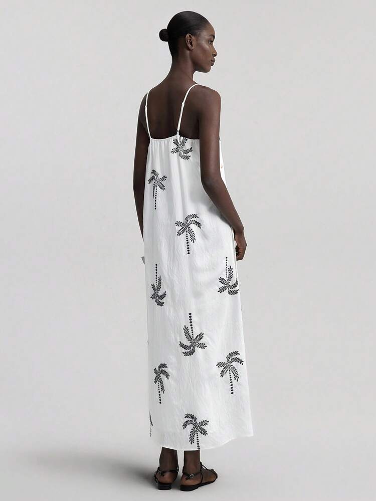 2022 New Women's Casual Vacation Style Sleeveless Sling Dress, Embroidered Fabric Midi Length Casual Dress