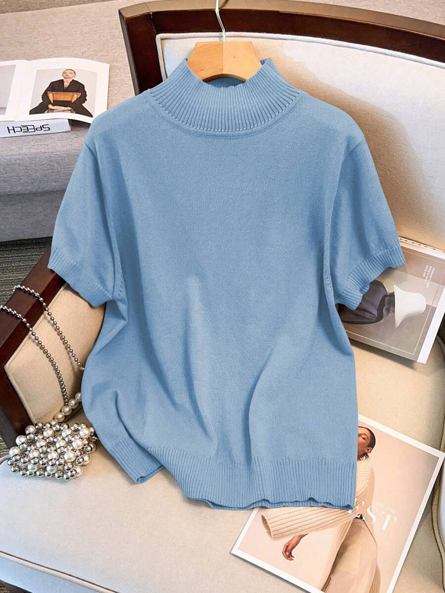 SHEIN LUNE Plus Size Women Stand Collar Fitted Short Sleeve Solid Color Knit Top - Baby Blue - View 1