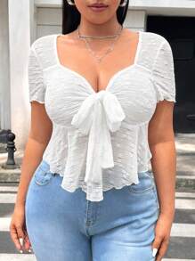 Flirla 纹理针织扭纹正面大码短袖 T 恤 - 白色 - 查看 4