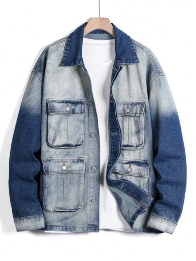 Manfinity Homme Plus Size Men's Long Sleeve Single Breasted Utility Pocket Casual Denim Jacket