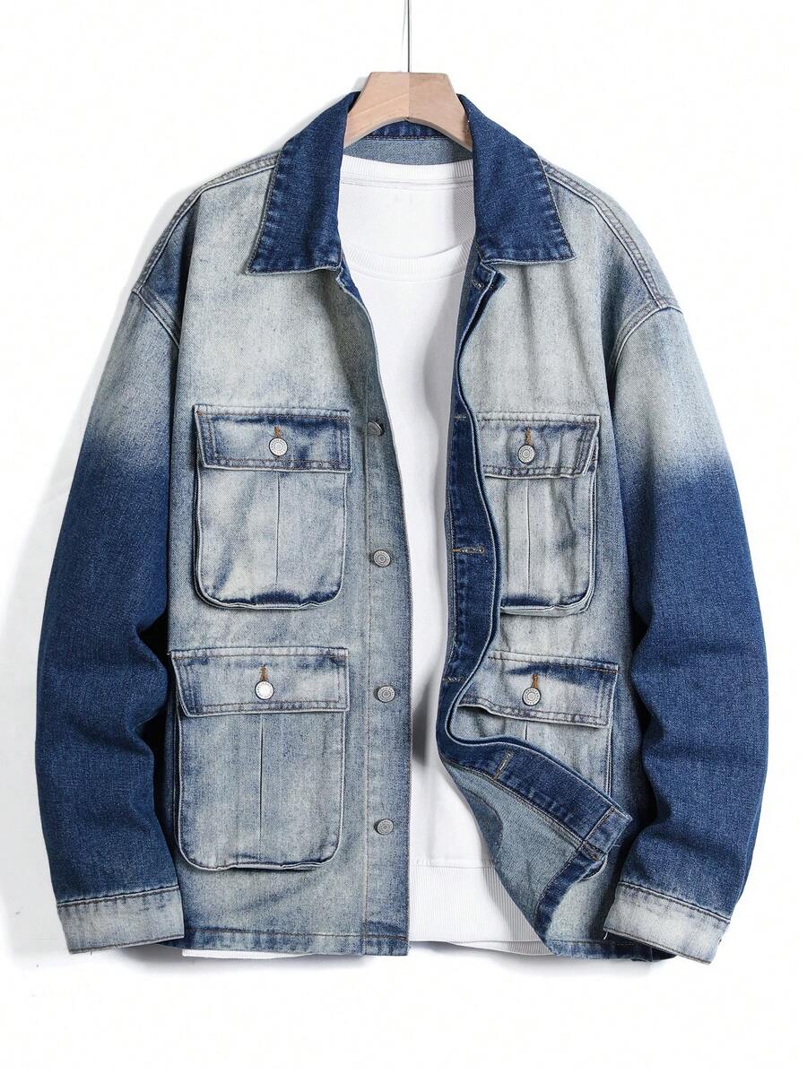 Manfinity Homme Veste en jean décontractée à manches longues et boutonnage simple avec poches utilitaires, pour hommes grande taille - Jean bleu - Voir 1