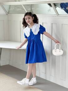 SHEIN Explorewe Tween Girl Colorblock Puff Sleeve Ruffle Cute Dress - Blue - View 5