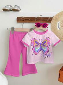 SHEIN Conjunto de 2 piezas - Blusa de manga corta rosa con gráfico de "Chica Bonita" y mariposas impresas, y pantalón campana, un conjunto casual para niñas jóvenes apropiado para el verano - Multicolor - Ver 2