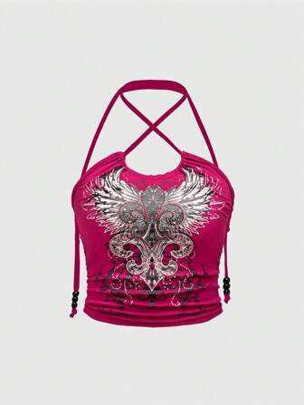 Goth Top halter con decoración de rhinestone, estilo Y2K, de moda para el verano