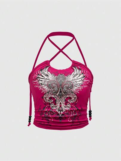 Goth Damen Y2K Stil Rinestone Dekor Tank Top, modischer Sommer