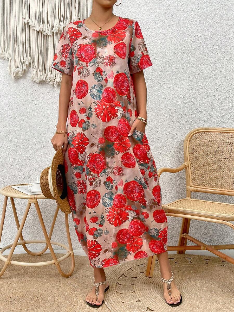 EMERY ROSE Vestido de cuello redondo con estampado floral vintage elegante francés; Vestido de cintura alta nuevo 2025 que disimula la gordura y rejuvenece; Vestido largo holgado con estampado floral; Vestido casual de estilo vacacional adelgazante; Vestido midi de corte evasé con cinturón, volantes y estampado floral para el verano; Vestido de estilo francés para vacaciones, nuevo vestido corto de manga corta holgado para el verano - Rojo - Ver 1