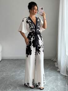 Chiquease 女士优雅度假撞色深 V 领蝙蝠袖宽松上衣，系腰带和花卉印花阔腿连体裤 - 杏色 - 查看 3