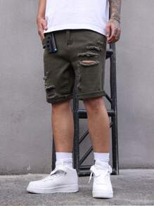 Manfinity Homme Men's Ripped Hem Casual Denim Shorts With Pockets - Army Green - View 1