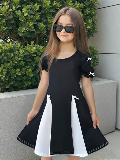 SHEIN Leap Crew 青少年女孩休闲运动拼色短袖连衣裙