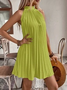 SHEIN Unity 露肩褶皱假日休闲连衣裙度假海滩装女士 - 綠色 - 查看 3