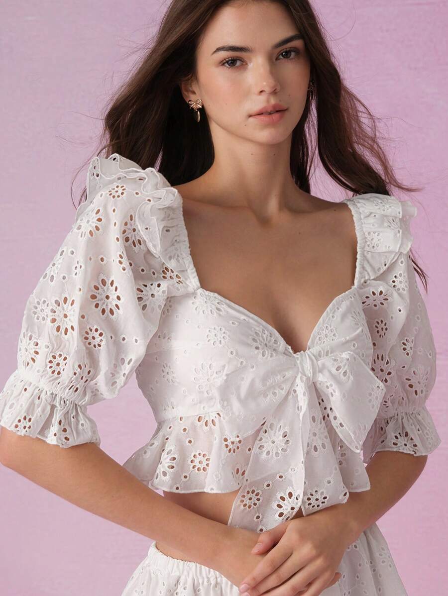 SHEIN MOD 白色系带前中长袖优雅衬衫、度假衬衫、波西米亚风女装、西部风女装、春假、早午餐女装、海滩女装、 - 白色 - 查看 1