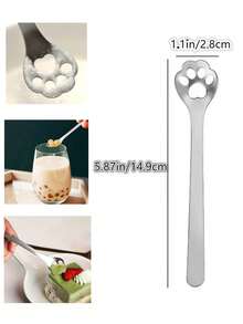1pc Cat Paw Shaped Coffee Spoon Hollow Dessert Ice Cream Scoop Kitchen Accessories 304 Stainless Steel Cutlery - Silver - View 3
