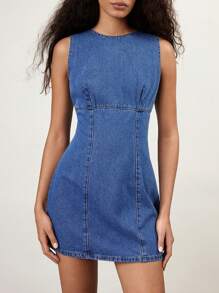 Maija 女士蓝色牛仔无袖圆领修身迷你连衣裙 - 中等水洗藍 - 查看 2
