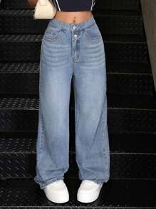 SHEIN Tween-Mädchen Lässige Distressed-Jeans aus Denim mit zweifarbigem Bund