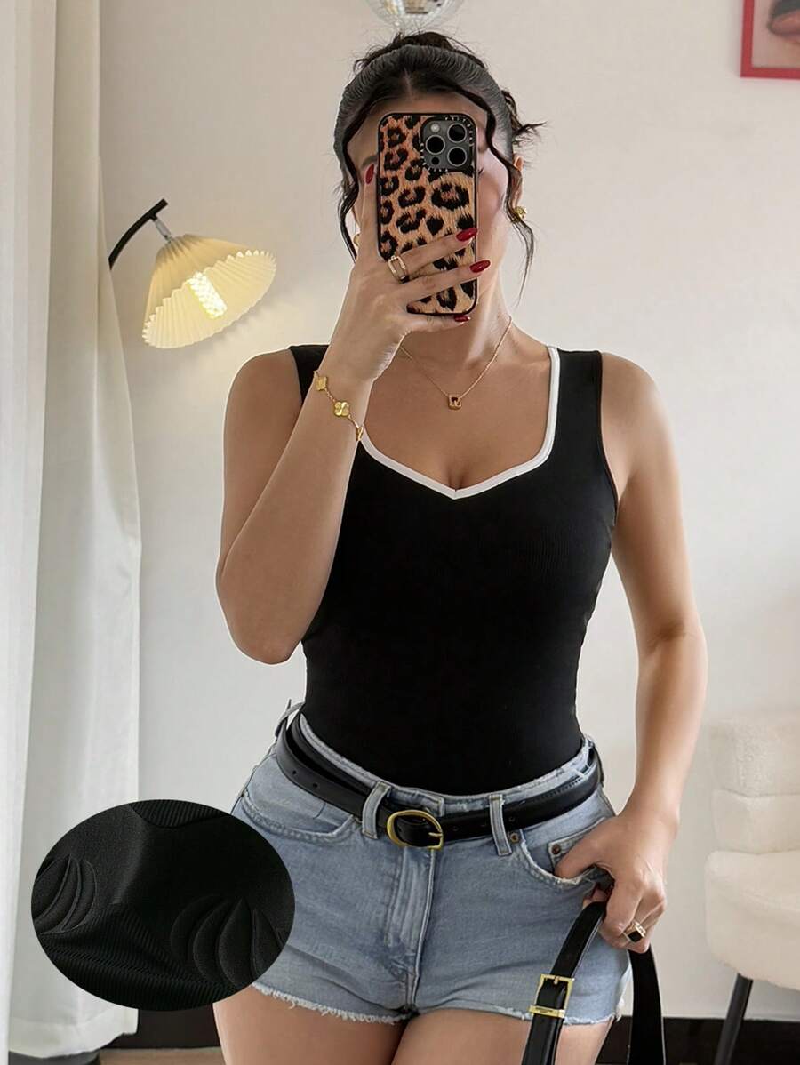 SHEIN Unity Top bustier con tirantes de color contrastante, de estilo minimalista, adecuado para el verano - Negro - Ver 1