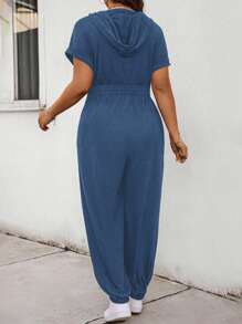 Calvaya 大码 V 领短袖纹理面料前拉链收腰连帽连身裤适合休闲穿着 - 藍色 - 查看 2