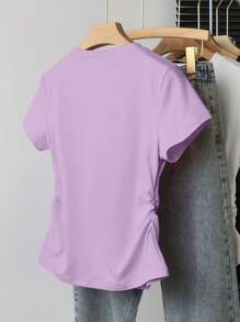 Teens/Youth Girls Casual Minimalist Versatile Heart Print Cinched Waist Short Sleeve T-Shirt - Mauve Purple - View 2