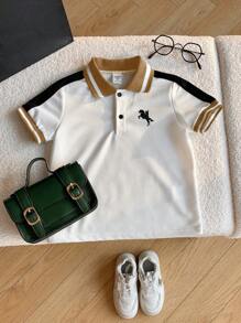 年轻男孩休闲舒适百搭拼色英式图案短袖 Polo 衫