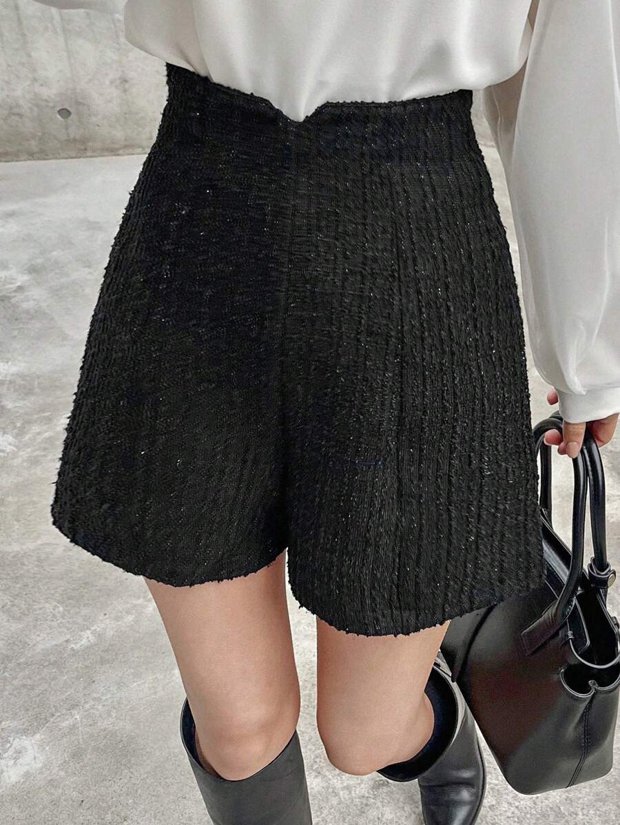 FRIFUL Women Fashion High Waist Plain Textured Shorts For Commuting - Black - View 1