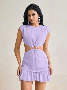 Mykaelle Rosa Women's Purple Chiffon Hollow Waist Ruffled Hem Ruched Shoulder Spring And Summer Mini Dress Women Sundress - Purple - View 3