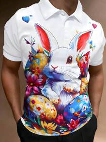 Manfinity Homme Men's Easter Cartoon Rabbit & Egg Print Casual Commute Short Sleeve Polo Shirt, For Gifts