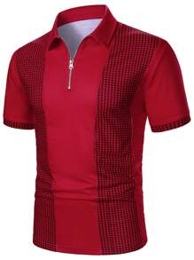 Manfinity Homme Men's Geometric Print Patchwork Short Sleeve Polo Shirt , Men Golf Shirts - Red - View 1