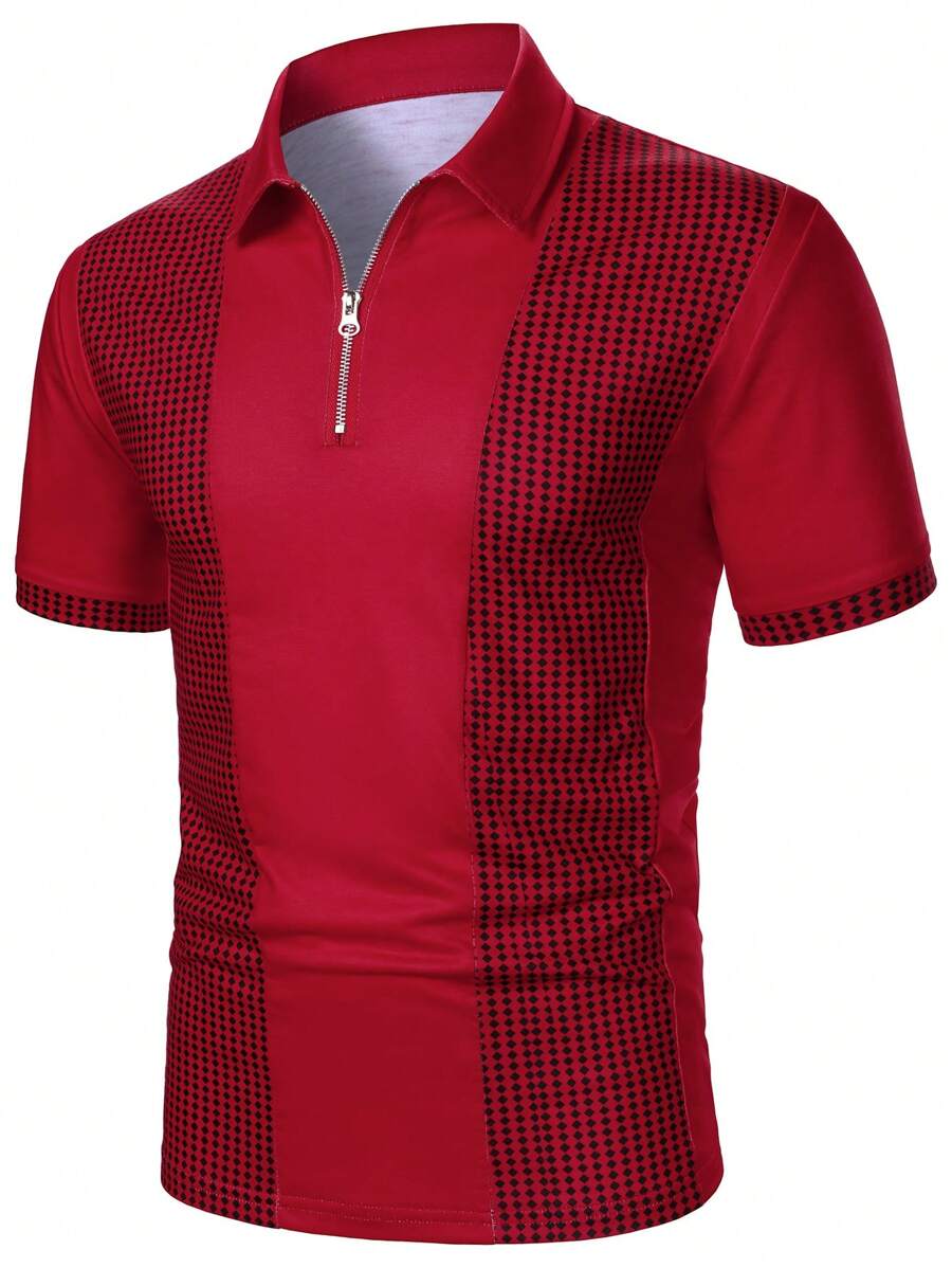 Manfinity Homme Men's Geometric Print Patchwork Short Sleeve Polo Shirt , Men Golf Shirts - Red - View 1