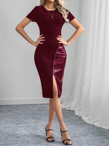 SHEIN Clasi Elegante Vestido Feminino Preto De Manga Curta Patchwork Pu No Inverno Zíper Até A Coxa Dividida Bodycon - Borgonha - Ver 6