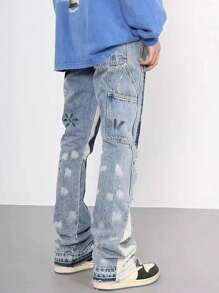 ROMWE MEN Street Life Men's Loose Fit Color Block Straight Leg Jeans With Pockets - Blue - View 4