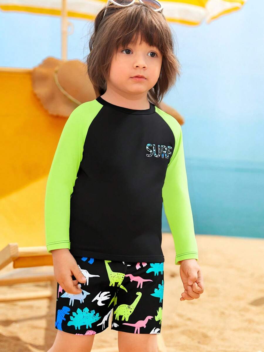 男童长袖泳衣套装，运动系列酷炫恐龙和字母印花 - 彩色 - 查看 1