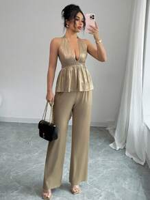 Selianne 2pcs/Set Elegant Halter Neck & Waist Cinched V-Neck Women's Outfit - Apricot - View 3