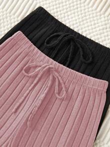 Set de 2 pantalones de mujer de unicolor, cómodos, con textura acanalada y acogedores para otoño e invierno - Rosa - Ver 5