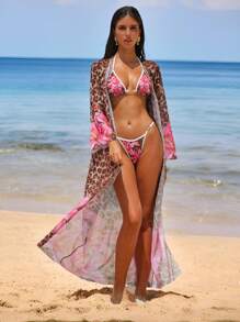 SHEIN Swim Women 3Pcs Summer Outfits: Halter Floral & Leopard Print Top, Thong Bikini Bottoms, And Sheer Long Sleeve Cover Up Beach Swimwear Set - Multicolor - View 3