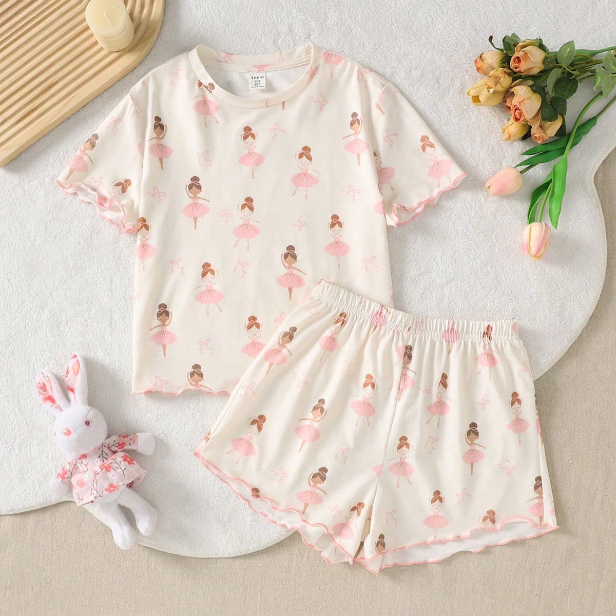 Conjunto informal de Top holgada estampada de punto y pantalones cortos para niña preadolescente