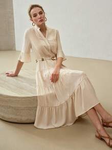 MOTF PREMIUM NOTCH NECK FLARE SLEEVE TIERED HEM DRESS,SUMMER OUTFITS - Apricot - View 2