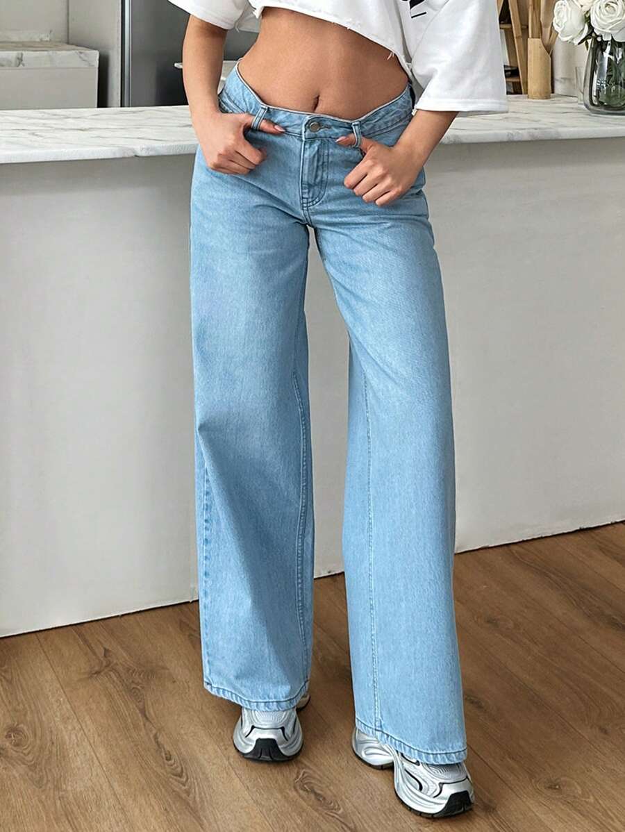 EURMUSE Quần Jeans Ống Rộng Có Túi Sau Lưng Cạp Thấp - Rửa nhẹ - Xem 1