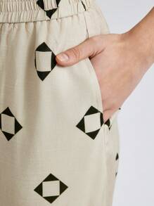 Ontre Apricot Coconut Tree Print Elastic Waist Wide Leg Casual Pants