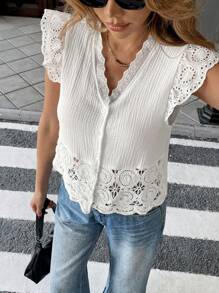 Pariaura Damen V-Ausschnitt Spitzen-Häkeldesign ärmelloses Top