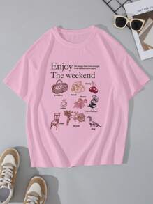 INAWLY Casual Loose Slogan Print Short Sleeve T-Shirt, Spring/Summer - Pink - View 3